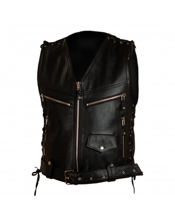 Men's front zip genuine buffalo leather biker vest in black.